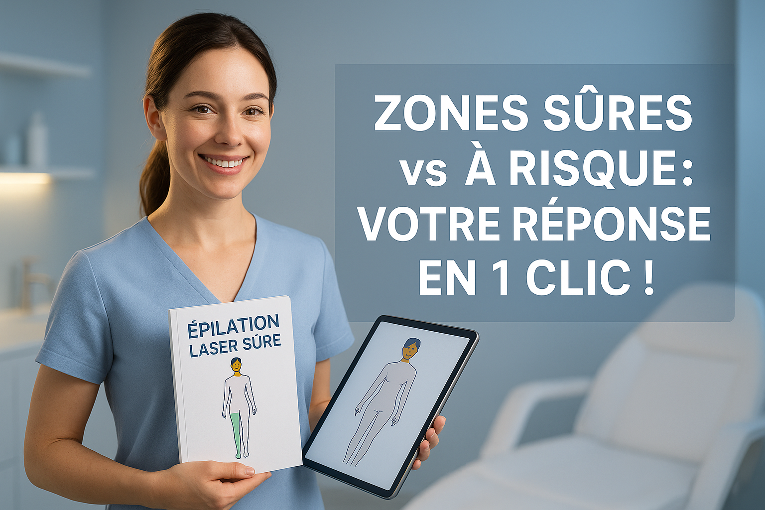Une femme souriante de 30 ans, peau claire, portant un haut bleu ciel professionnel, tenant un guide illustré « Épilation Laser Sûre » avec des pictogrammes de zones corporelles (jambes en vert, visage en jaune). Éclairage studio doux avec rim light dorée soulignant son expression sereine, fond de cabine esthétique moderne aux tons bleu glacier et blanc. Texte central en français : 'Zones Sûres vs À Risque : Votre Réponse en 1 Clic !' sur un tableau transparent. Détails photoréalistes : texture du coton du vêtement, reflet subtil sur la tablette numérique affichant un schéma anatomique simplifié. Composition règle des tiers, espace négatif à droite pour titre YouTube. Palette dominante bleu apaisant avec touches de blanc médical, 8K.