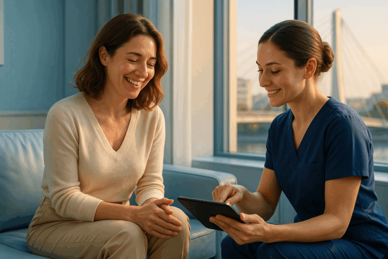 Photorealistic scene of a French woman in elegant casual wear smiling with relief during a personalized consultation at a modern aesthetic clinic in Villeurbanne. A professional aesthetician in navy-blue uniform demonstrates a customized treatment plan on a tablet, both seated on a light-blue leather sofa. Warm natural lighting with golden rim light outlining their profiles, subtle view of Villeurbanne's Passerelle Vasco de Gama bridge through floor-to-ceiling windows. Soothing blue and cream interior tones, hyperdetailed skin textures and fabric folds, 8K resolution. Rule of thirds composition emphasizing genuine connection, zero text elements, professional safe-for-work environment with authentic emotional warmth.