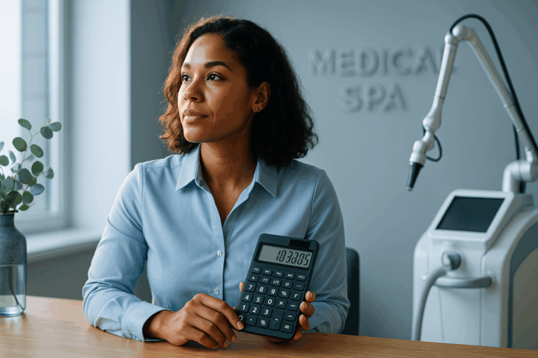 Ultra-realistic scene of a 30-year-old diverse woman in a light blue tailored blouse sitting at a minimalist wooden desk in a modern medical spa. She holds a calculator showing abstract numbers while gazing thoughtfully at a sleek laser device under soft daylight. Rim light highlights her hopeful expression, with subtle blue-toned decor elements (vase with eucalyptus, branded clinic walls). Photorealistic skin texture, fabric details, and natural shadows create professional trust. Wide-angle composition with rule of thirds, space left on right for YouTube thumbnail text. Calm daylight through large windows, ISO 800 quality, 85mm lens clarity.
