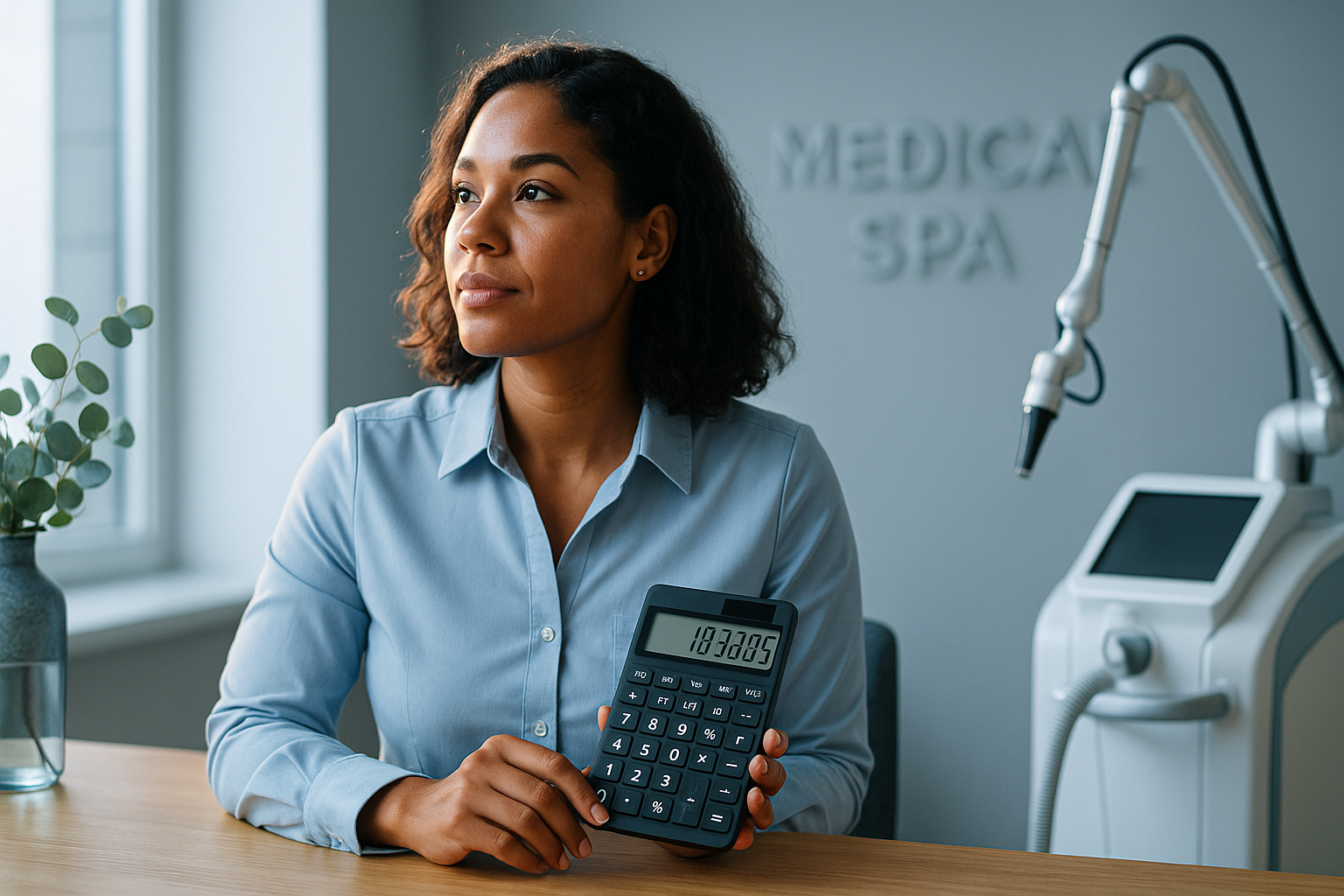 Ultra-realistic scene of a 30-year-old diverse woman in a light blue tailored blouse sitting at a minimalist wooden desk in a modern medical spa. She holds a calculator showing abstract numbers while gazing thoughtfully at a sleek laser device under soft daylight. Rim light highlights her hopeful expression, with subtle blue-toned decor elements (vase with eucalyptus, branded clinic walls). Photorealistic skin texture, fabric details, and natural shadows create professional trust. Wide-angle composition with rule of thirds, space left on right for YouTube thumbnail text. Calm daylight through large windows, ISO 800 quality, 85mm lens clarity.
