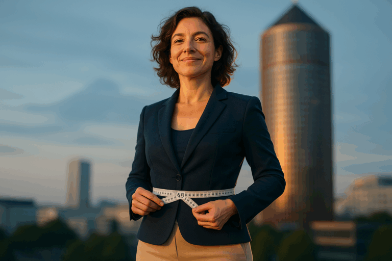 Photorealistic full-body portrait of a confident 38-year-old French woman standing proudly in front of Lyon's Part-Dieu glass tower at golden hour, wearing a tailored navy blue blazer and beige trousers that accentuate her newly sculpted waistline. She gently holds a measuring tape showing 68cm, her face lit by soft rim lighting that highlights joyful determination. The composition follows rule of thirds with shallow depth of field, showcasing realistic skin textures and professional attire. Dominant color palette features calming azure blues in her clothing and environment, with warm golden highlights reflecting Lyon's evening light. Urban background subtly blurred to maintain focus on her triumphant posture and precise waist measurement.