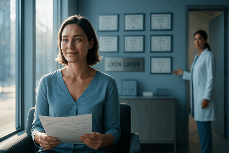 Photorealistic scene of a relieved woman in soft blue blouse sitting in modern Lyon laser clinic, natural sunlight through floor-to-ceiling windows highlighting medical diplomas on wall with subtle blue frames. She holds personalized consultation sheet with confident smile, rim light creating halo effect around silhouette. Clean minimalist decor with brushed metal accents, professional staff member in white coat gesturing toward treatment room doorway. Ultra-detailed skin textures, balanced composition using rule of thirds, cool-toned palette dominated by cerulean and steel blue tones conveying trust and professionalism. No text elements, cinematic lighting emphasizing facial expression of calm assurance.