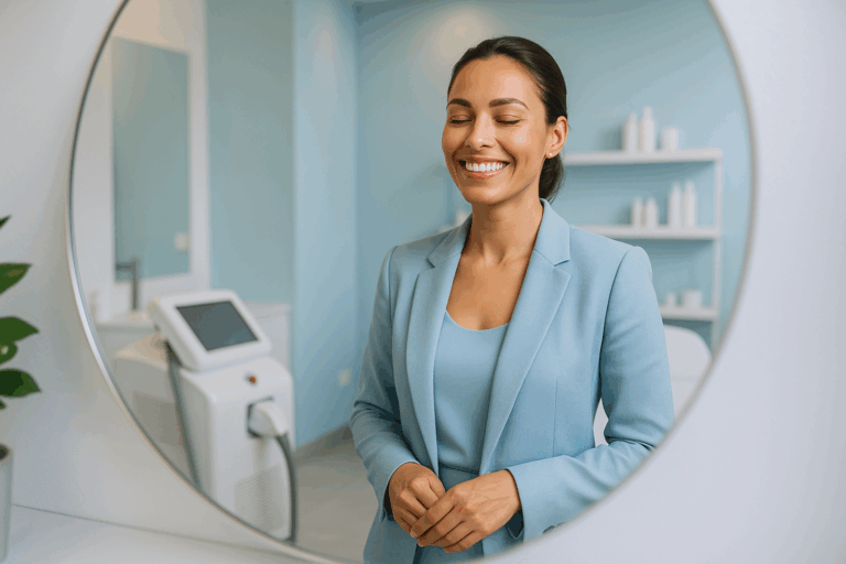 Une femme confiante et rayonnante, d'une trentaine d'années, avec une peau lisse et impeccable, portant une tenue élégante et professionnelle bleu clair, se tient devant un miroir dans un cadre moderne et lumineux d'un centre esthétique à Villeurbanne, un sourire serein illuminant son visage, exprimant un soulagement profond et une confiance renouvelée après une épilation laser réussie ; éclairage doux avec des accents de bleu apaisant, composition en règle des tiers centrée sur son expression joyeuse, photoréalisme haute résolution, ambiance aspirationnelle et professionnelle, sans aucun texte visible.