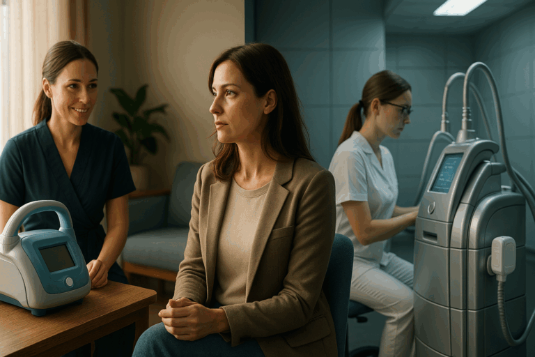 Photorealistic split scene: left side showcases a warm, intimate aesthetic clinic with soft natural lighting, blue-tinted ceramic cryolipolysis device on a wooden table, a female therapist in a tailored navy-blue robe making eye contact with a client during consultation; right side displays a sterile franchise environment with identical metallic equipment, harsh fluorescent lighting, and a practitioner focusing on a digital screen ignoring the client; a 35-year-old woman in elegant casual wear sits at the center divider appearing contemplative, rim light highlighting her profile, muted teal and cobalt accents throughout, ultra-detailed textures of fabrics and medical equipment, 8K resolution capturing emotional contrast between personalized care and corporate anonymity, rule of thirds composition with ample negative space
