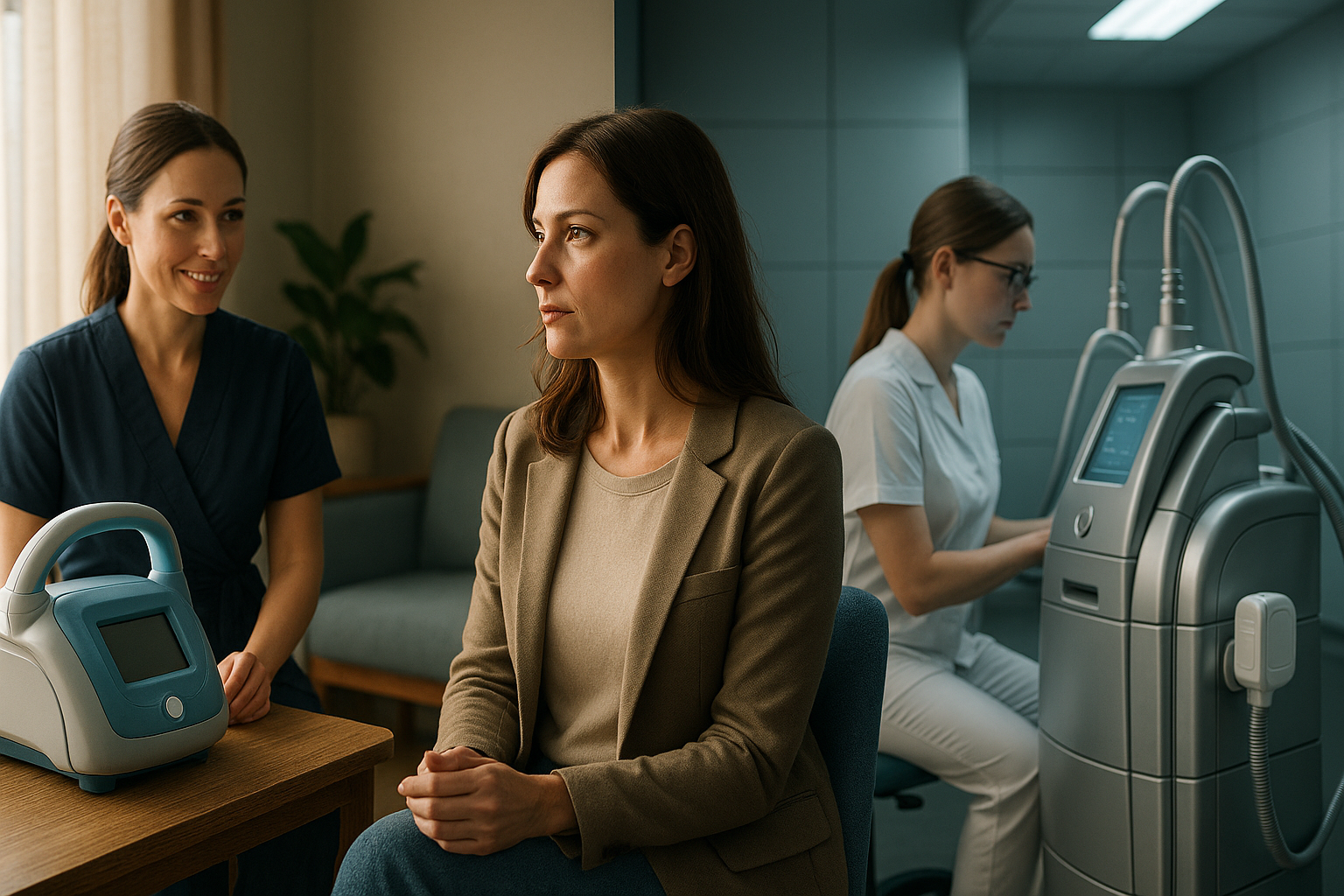 Photorealistic split scene: left side showcases a warm, intimate aesthetic clinic with soft natural lighting, blue-tinted ceramic cryolipolysis device on a wooden table, a female therapist in a tailored navy-blue robe making eye contact with a client during consultation; right side displays a sterile franchise environment with identical metallic equipment, harsh fluorescent lighting, and a practitioner focusing on a digital screen ignoring the client; a 35-year-old woman in elegant casual wear sits at the center divider appearing contemplative, rim light highlighting her profile, muted teal and cobalt accents throughout, ultra-detailed textures of fabrics and medical equipment, 8K resolution capturing emotional contrast between personalized care and corporate anonymity, rule of thirds composition with ample negative space