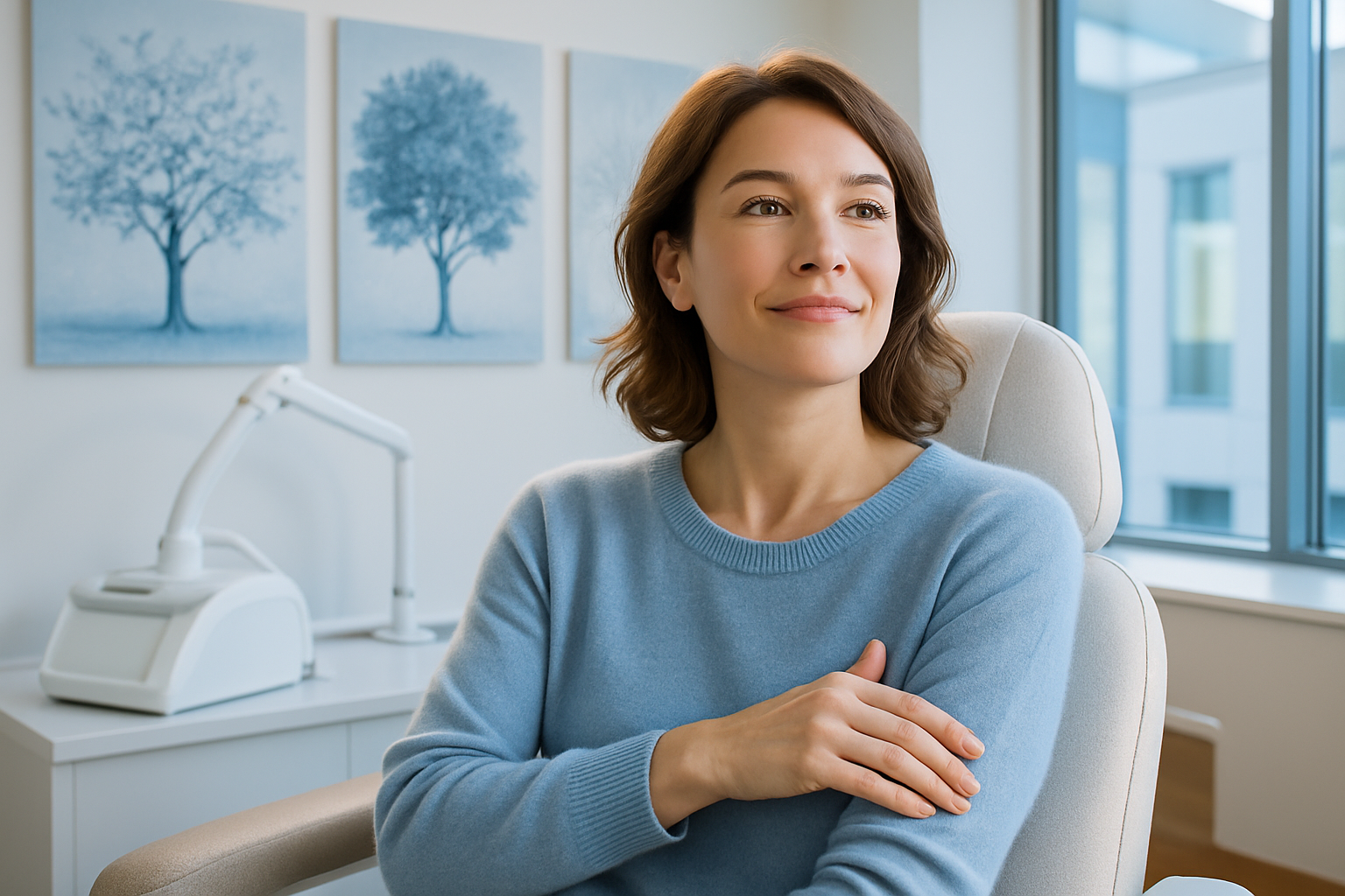 Photorealistic image of a French woman in her 30s wearing a soft blue cashmere sweater, sitting in a bright modern beauty clinic with large windows. She experiences a moment of clarity with a hopeful expression, gently touching her smooth forearm. Subtle background wall art shows three abstract seasonal trees (blossoming spring, full summer, dormant winter) in monochrome blue tones. Natural lighting creates rim light around her face, emphasizing textures of linen fabric and polished wood. Color palette dominated by calming blues and warm neutrals, conveying professional yet reassuring atmosphere with zero text elements.