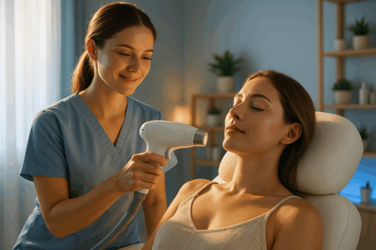 Photorealistic YouTube thumbnail capturing a warm and professional aesthetic clinic ambiance with soft pastel blue walls and natural lighting. A friendly female aesthetician in light blue scrubs smiles gently while demonstrating a sleek handheld laser device with cooling tip to a relaxed client in casual summer clothing. Strong rim light outlines both figures creating emotional contrast, focusing on the client's calm expression with eyes closed during the gentle procedure. Non-clinical environment with modern decor, warm wood accents and subtle blue LED lighting accents. Ultra-detailed skin textures, 8k resolution, shallow depth of field following rule of thirds composition. Professional photography style conveying trust and comfort without medical sterility, soothing blue and neutral color palette dominating the scene.