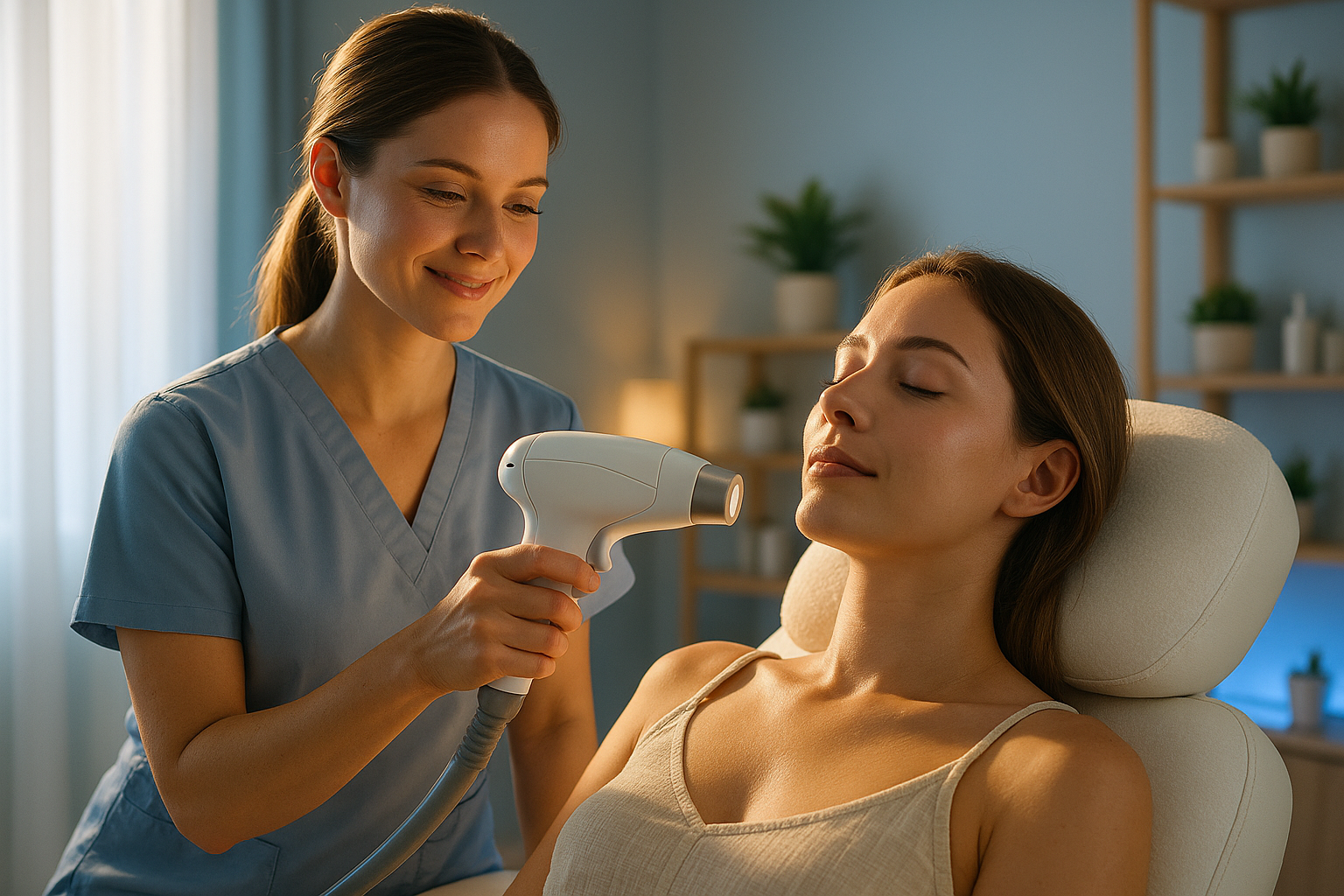 Photorealistic YouTube thumbnail capturing a warm and professional aesthetic clinic ambiance with soft pastel blue walls and natural lighting. A friendly female aesthetician in light blue scrubs smiles gently while demonstrating a sleek handheld laser device with cooling tip to a relaxed client in casual summer clothing. Strong rim light outlines both figures creating emotional contrast, focusing on the client's calm expression with eyes closed during the gentle procedure. Non-clinical environment with modern decor, warm wood accents and subtle blue LED lighting accents. Ultra-detailed skin textures, 8k resolution, shallow depth of field following rule of thirds composition. Professional photography style conveying trust and comfort without medical sterility, soothing blue and neutral color palette dominating the scene.