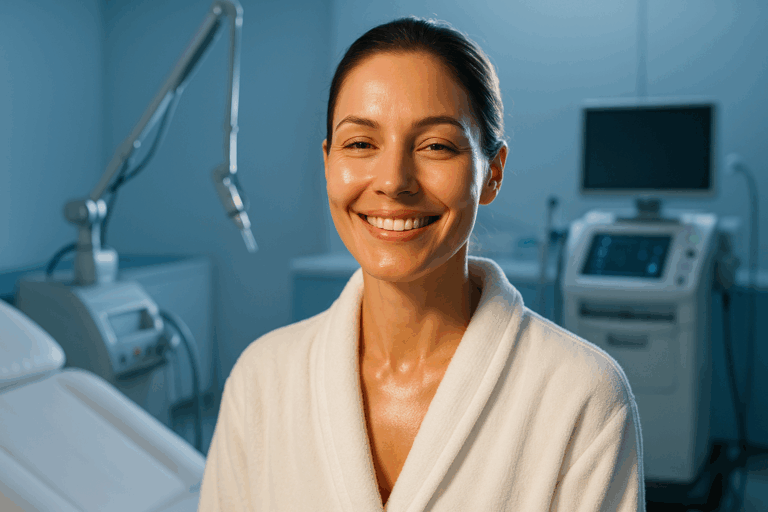 Une femme d'une trentaine d'années au teint lumineux et confiant, sortant d'un traitement laser dans un centre médical moderne et aseptisé, avec une peau parfaitement lisse et rajeunie, exprimant un soulagement profond et une satisfaction évidente, ambiance professionnelle rassurante avec des nuances de bleu dominant les murs et équipements high-tech, éclairage doux avec rim light soulignant son sourire serein, composition en règle des tiers centrant son visage expressif, style photoréaliste haute résolution, sans aucun texte.