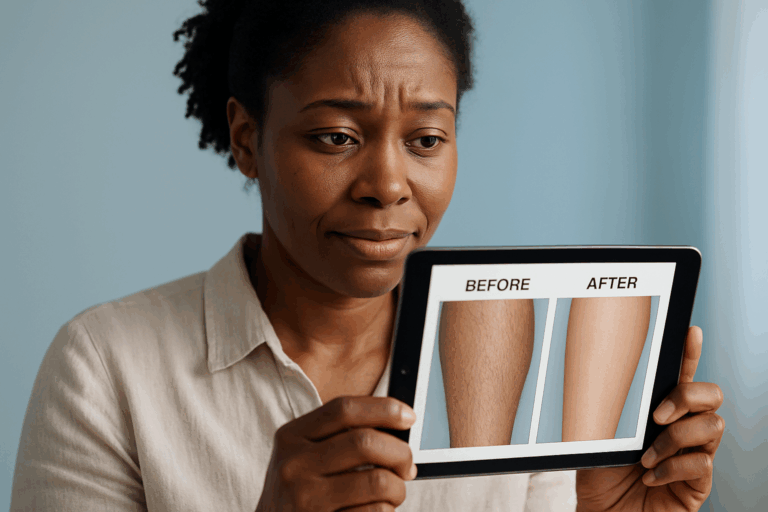 Une femme francophone, peau noire naturelle et sourire prudent, observant une tablette affichant une galerie avant/après épilation laser authentique. Son regard passe de la méfiance à un espoir mesuré, capillaires visibles mais résultats progressifs réalistes sur les jambes. Arrière-plan épuré avec tons bleu ciel apaisants, éclairage naturel rehaussé d'une rim light dorée subtile. Tenue professionnelle sobre (chemisier lin clair), cadrage au niveau de la poitrine respectant la règle des tiers. Style photoréaliste haute définition avec textures cutanées précises et zéro effet artificiel, mettant en valeur la crédibilité de transformations progressives.
