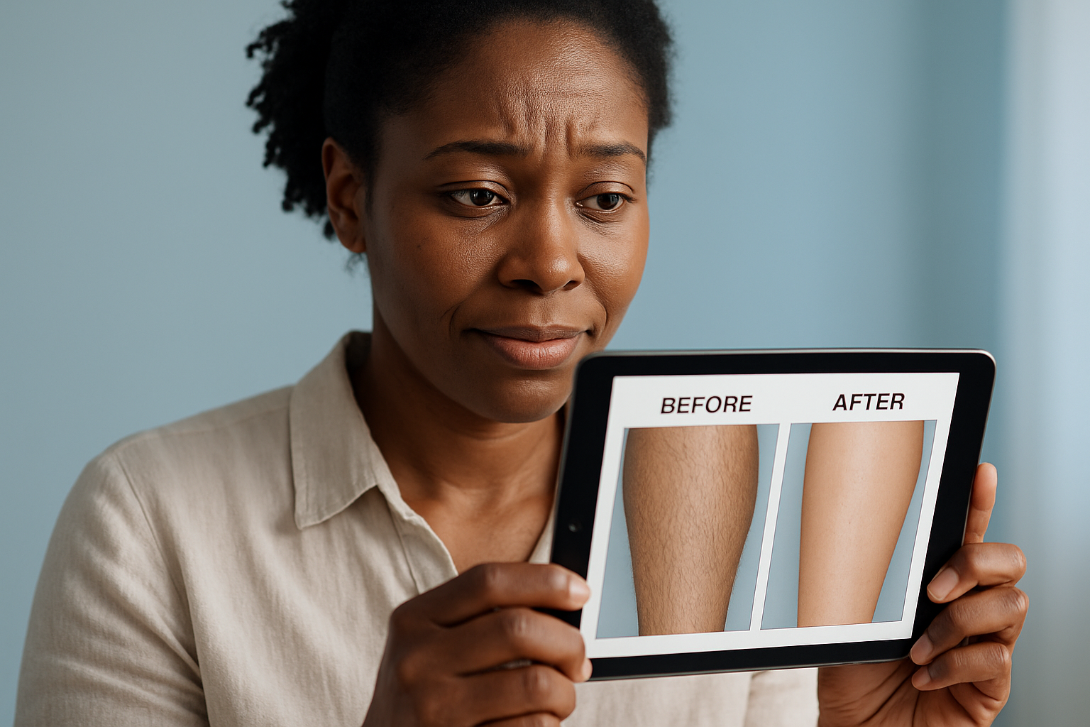 Une femme francophone, peau noire naturelle et sourire prudent, observant une tablette affichant une galerie avant/après épilation laser authentique. Son regard passe de la méfiance à un espoir mesuré, capillaires visibles mais résultats progressifs réalistes sur les jambes. Arrière-plan épuré avec tons bleu ciel apaisants, éclairage naturel rehaussé d'une rim light dorée subtile. Tenue professionnelle sobre (chemisier lin clair), cadrage au niveau de la poitrine respectant la règle des tiers. Style photoréaliste haute définition avec textures cutanées précises et zéro effet artificiel, mettant en valeur la crédibilité de transformations progressives.
