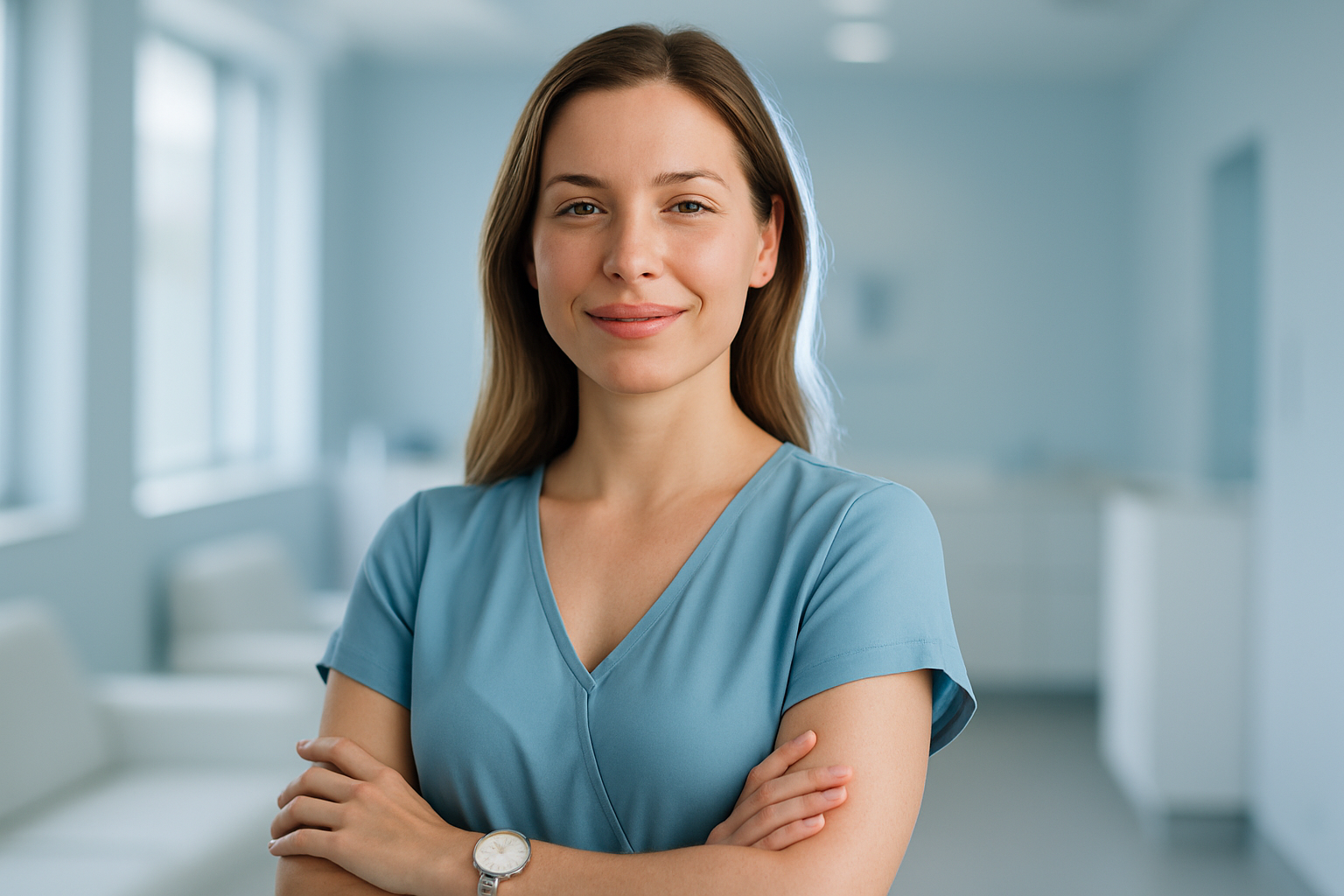 Photorealistic portrait of a confident 30s Caucasian woman with fair skin wearing a soft azure blouse, standing in a bright modern clinic lounge with smooth hair-free arms gently crossed. She smiles with serene relief under natural window light creating a cool-toned rim light effect around her silhouette. Pale blue background accents emphasize professionalism, while shallow depth of field focuses on her radiant complexion and minimalist silver watch symbolizing time regained. Ultra-high resolution capturing realistic skin texture, zero medical equipment visible, conveying emotional liberation from temporary hair removal struggles.