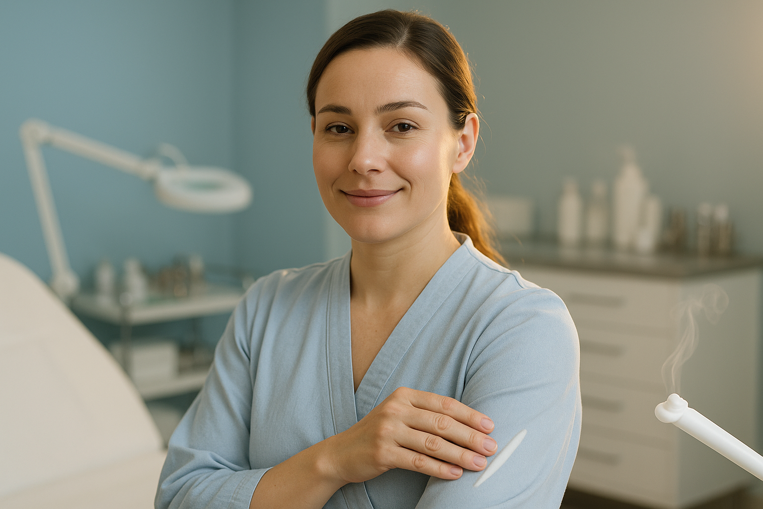 Photorealistic YouTube thumbnail showing a calm 30-year-old woman in a light blue medical robe smiling confidently while gently touching her forearm with a healed smooth scar (completely white, no redness). Soft natural light illuminates her relieved expression with golden rim light accentuating her silhouette. Background: modern beauty clinic with minimalist decor featuring pale blue walls and sterilized equipment. Focus on skin texture details and subtle steam rising from a soothing cream applicator. Composition follows rule of thirds with negative space for thumbnail text overlay. Professional aesthetic emphasizing safety and trust.