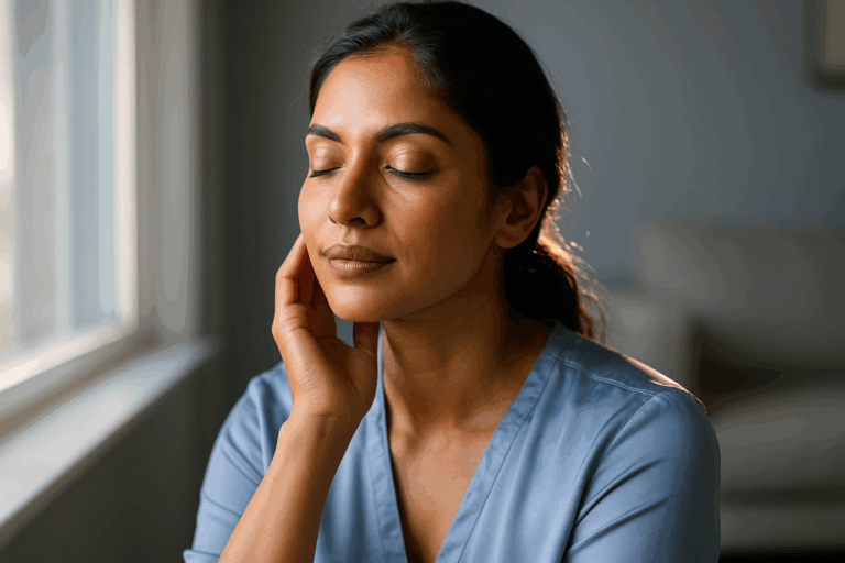 Photorealistic portrait of a South Asian woman in her early 30s with warm beige skin tone, sitting near a sunlit window. She wears a soft powder-blue silk blouse, one hand gently touching her smooth jawline with eyes closed in serene relief. Dramatic rim light outlines her face against a blurred minimalist living room background in cool-grey tones. Hyperdetailed skin texture showing zero facial hair, natural makeup highlighting calm confidence. Professional photography 85mm lens f/1.4, shallow depth of field. Color palette: muted blues (50%), warm neutrals (40%), cream accents (10%). Rule of thirds composition, medium close-up from chest up. SFW, no medical equipment, zero text.