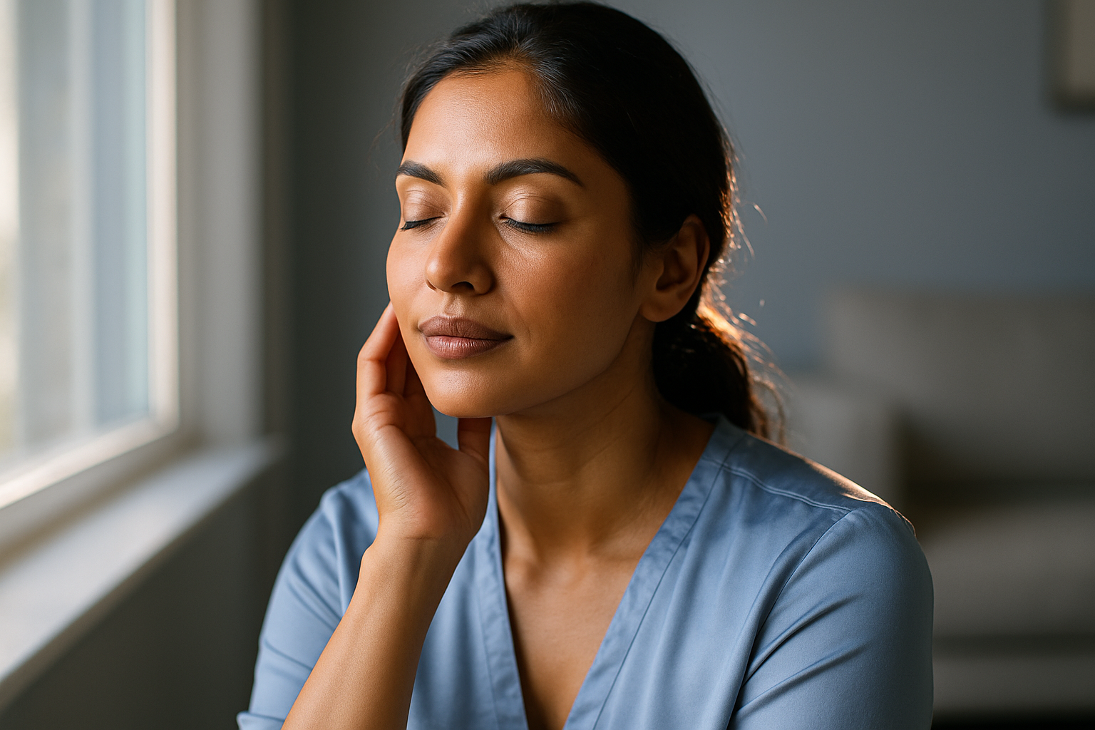 Photorealistic portrait of a South Asian woman in her early 30s with warm beige skin tone, sitting near a sunlit window. She wears a soft powder-blue silk blouse, one hand gently touching her smooth jawline with eyes closed in serene relief. Dramatic rim light outlines her face against a blurred minimalist living room background in cool-grey tones. Hyperdetailed skin texture showing zero facial hair, natural makeup highlighting calm confidence. Professional photography 85mm lens f/1.4, shallow depth of field. Color palette: muted blues (50%), warm neutrals (40%), cream accents (10%). Rule of thirds composition, medium close-up from chest up. SFW, no medical equipment, zero text.