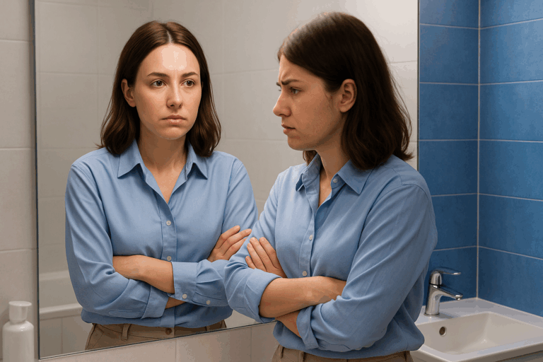 Une femme d'environ 30 ans, aux cheveux châtains mi-longs, debout devant un miroir dans une salle de bain moderne et lumineuse, observe son reflet avec une expression d'hésitation et de frustration mêlées. D'un côté de son visage, sa peau est lisse et radieuse, symbolisant le désir d'une épilation laser durable ; de l'autre, une ombre subtile évoque les poils indésirables récurrents. Elle porte une chemise ample bleu clair et un pantalon neutre, les bras croisés, dans une pose naturelle et professionnelle. L'éclairage est doux avec des accents bleus rassurants sur les murs, créant un contraste fort pour un impact visuel captivant comme une vignette YouTube. Composition selon la règle des tiers, photoréaliste haute résolution, textures réalistes de la peau et des tissus, sans aucun texte ni éléments suggestifs.