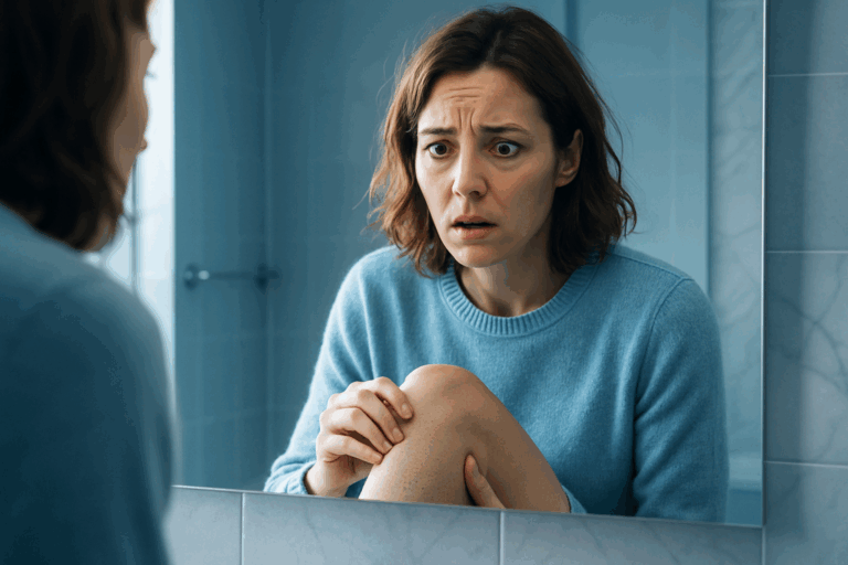 A 32-year-old French woman with anxious expression checking leg stubble in a bathroom mirror, wearing light blue casual sweater. Soft natural lighting with rim light highlighting worried face, calming blue-toned minimalist bathroom decor with marble textures. Hyperrealistic photography style, medium shot following rule of thirds showing emotional tension about laser results, shallow depth of field. Professional aesthetic with cool blue color palette, no text, SFW composition focusing on reflection and skin texture.