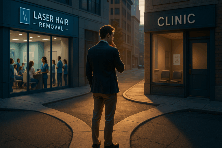A professional entrepreneur in business casual attire stands at a crossroads in a modern urban setting, torn between two paths. Left path shows a sleek laser hair removal franchise salon with blue branding, bustling clients, and a supportive team; right path reveals a struggling independent clinic with empty chairs and mounting bills. Golden hour lighting creates dramatic rim lighting on the figure, highlighting their contemplative expression. Cool blue and warm amber color contrast, photorealistic detail capturing textures of architectural elements and clothing. Rule of thirds composition with space for text overlay in post-production. Ultra HD, 8K resolution, --ar 16:9