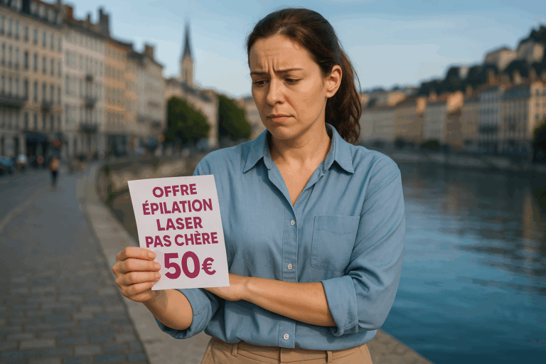 Une femme pragmatique d'une trentaine d'années, aux cheveux châtains attachés en queue de cheval, debout dans une rue animée de Lyon près de la Saône, avec un fond de bâtiments historiques flous. Elle a une expression de frustration mêlée d'espoir, tenant un flyer d'offre d'épilation laser pas chère dans une main, tout en touchant délicatement son bras comme pour protéger sa peau sensible. Elle porte une chemise bleu clair ample et un pantalon neutre, dans une pose confiante mais prudente. Éclairage naturel doux du matin avec des nuances de bleu dans le ciel et les reflets sur l'eau, photoréaliste haute résolution, composition en règle des tiers avec le sujet au centre gauche, contrastes forts pour un impact vignette YouTube, ambiance rassurante et professionnelle.