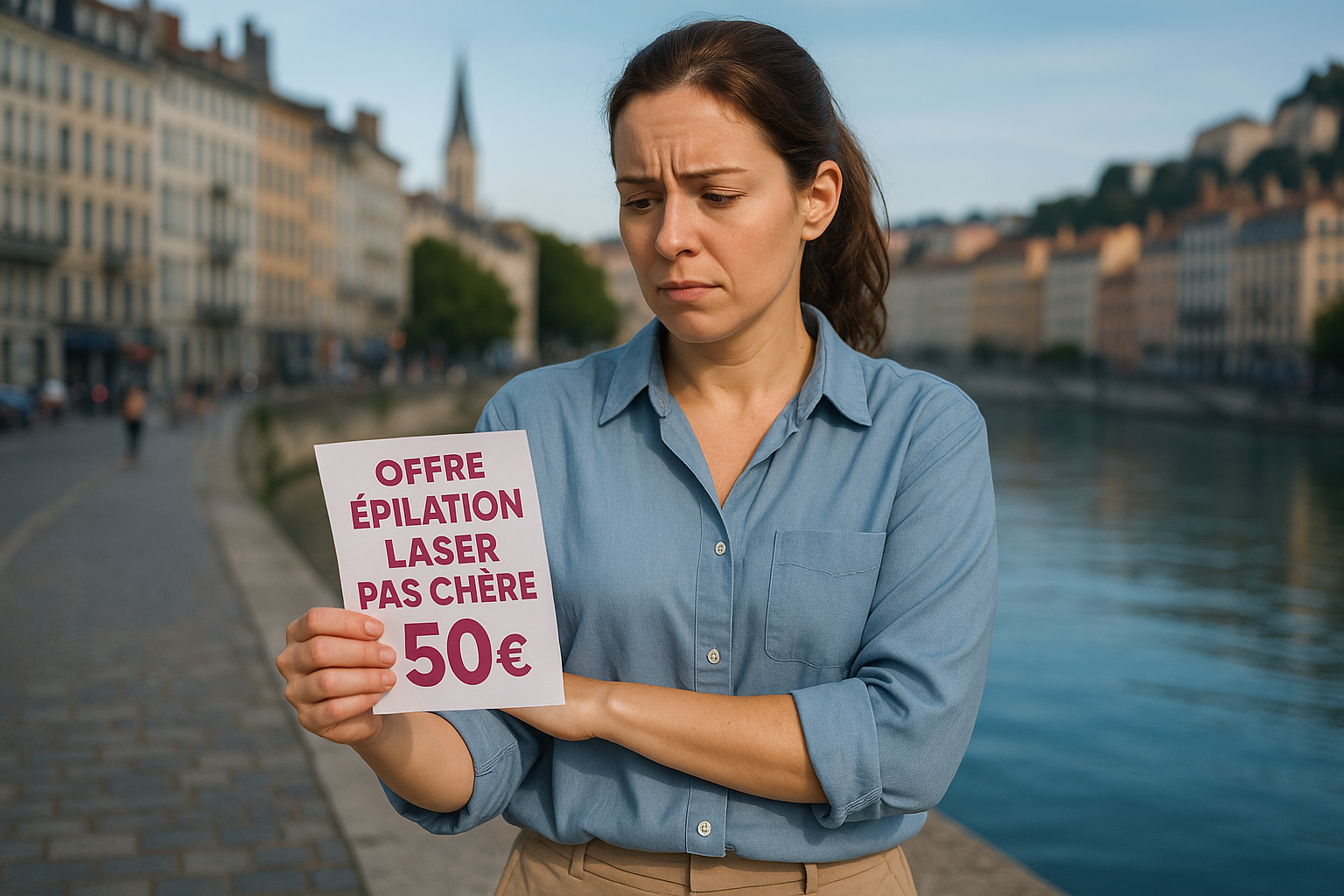 Une femme pragmatique d'une trentaine d'années, aux cheveux châtains attachés en queue de cheval, debout dans une rue animée de Lyon près de la Saône, avec un fond de bâtiments historiques flous. Elle a une expression de frustration mêlée d'espoir, tenant un flyer d'offre d'épilation laser pas chère dans une main, tout en touchant délicatement son bras comme pour protéger sa peau sensible. Elle porte une chemise bleu clair ample et un pantalon neutre, dans une pose confiante mais prudente. Éclairage naturel doux du matin avec des nuances de bleu dans le ciel et les reflets sur l'eau, photoréaliste haute résolution, composition en règle des tiers avec le sujet au centre gauche, contrastes forts pour un impact vignette YouTube, ambiance rassurante et professionnelle.
