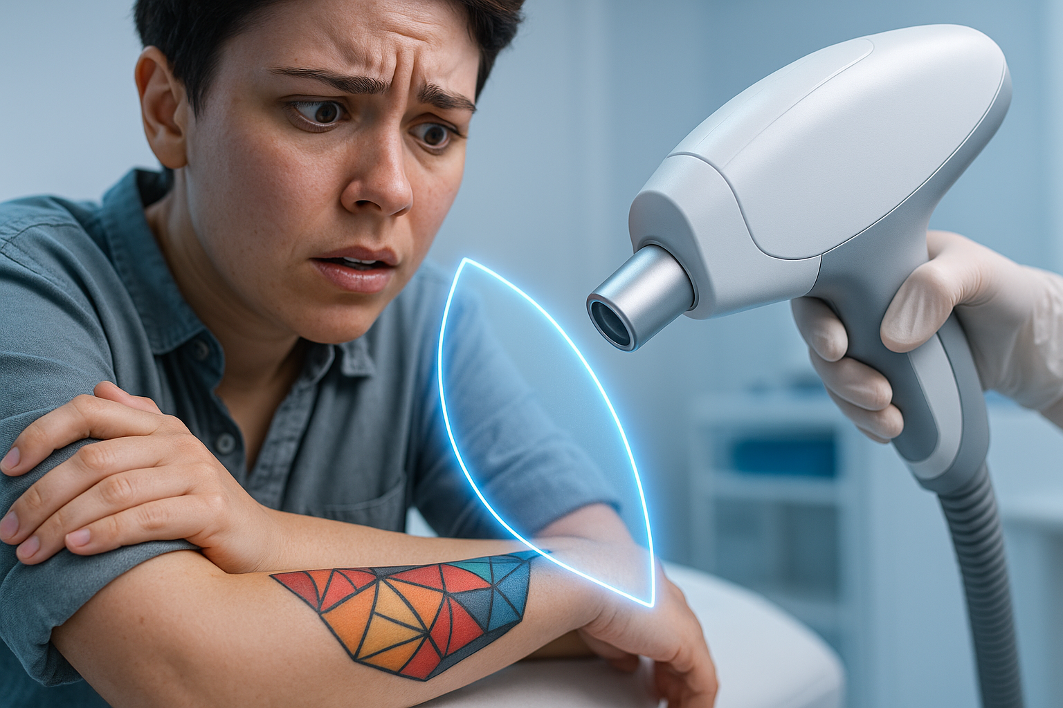 Photorealistic YouTube thumbnail featuring a young person's anxious expression while examining their vibrant geometric forearm tattoo under soft clinic lighting. A translucent blue protective barrier materializes between the tattoo and an approaching laser epilation device, with dramatic rim lighting highlighting the shield's edges. Clean white and blue-toned professional aesthetic clinic environment with visible skin texture, metallic device details, and rolled-up sleeve fabric. Rule of thirds composition with negative space on right side, ultra HD detail conveying both emotional tension and technological safety solution. Professional medical setting with cool blue accent tones emphasizing trust and precision.
