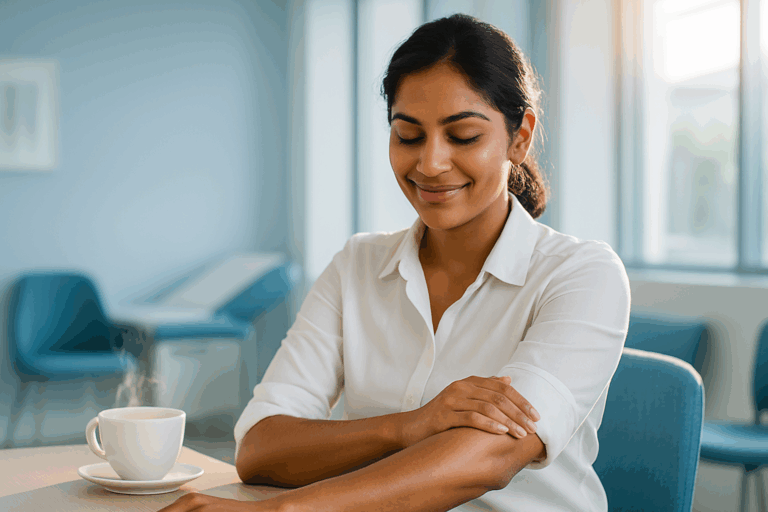 A confident South Asian woman in her late 20s wearing a crisp white blouse with rolled sleeves, seated in a modern clinic with soft blue-tinted walls, gently touching her smooth forearm with visible relief. Natural light streams through large windows creating a rim light effect around her figure, highlighting subtle steam rising from a teacup on the table. Photorealistic 8K detail showing realistic skin texture, professional yet warm environment with blue accent chairs and minimalist decor. Rule of thirds composition with space left for text overlay, shallow depth of field focusing on her content expression.
