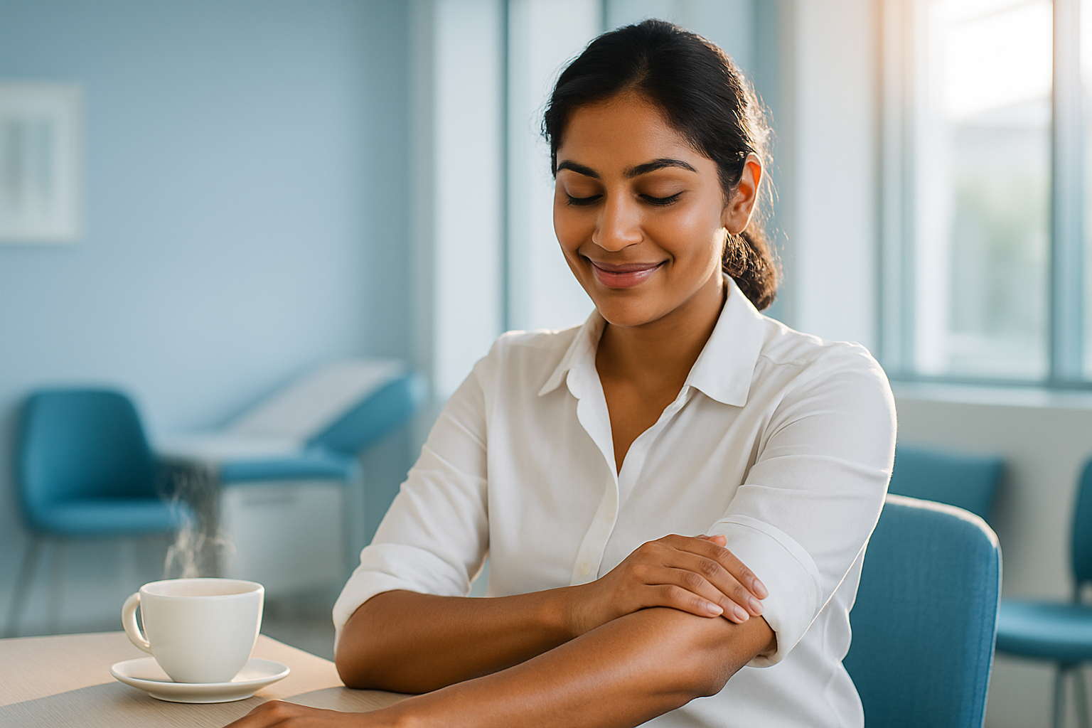 A confident South Asian woman in her late 20s wearing a crisp white blouse with rolled sleeves, seated in a modern clinic with soft blue-tinted walls, gently touching her smooth forearm with visible relief. Natural light streams through large windows creating a rim light effect around her figure, highlighting subtle steam rising from a teacup on the table. Photorealistic 8K detail showing realistic skin texture, professional yet warm environment with blue accent chairs and minimalist decor. Rule of thirds composition with space left for text overlay, shallow depth of field focusing on her content expression.