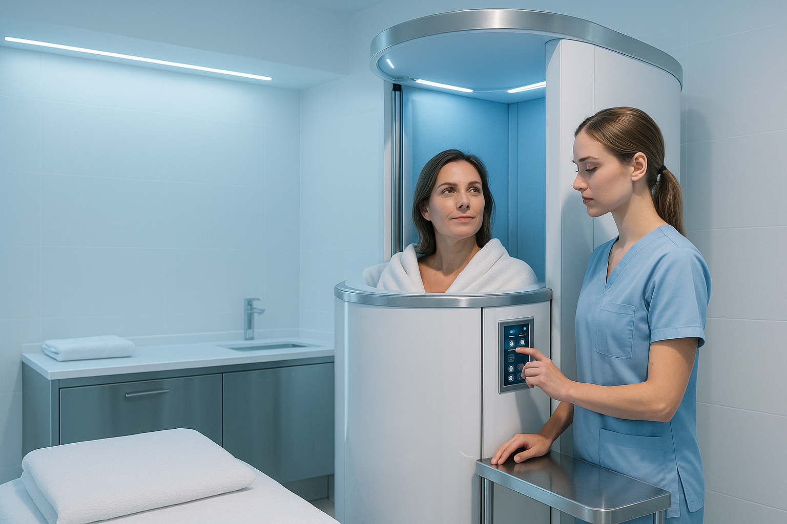 Photorealistic image of a modern cryotherapy cabin in a pristine clinic environment with soft blue ambient lighting, featuring a professional female technician in a light blue medical uniform meticulously checking equipment with calm focus, a relaxed client observing with visible trust, stainless steel surfaces reflecting gentle rim light to highlight cleanliness, hyper-detailed textures of crisp linen and polished surfaces, serene atmosphere conveying absolute safety through meticulous hygiene protocols, cool blue and white palette creating calming assurance, rule of thirds composition with balanced negative space around subjects, high-resolution 8k photography capturing every hygienic detail without text elements