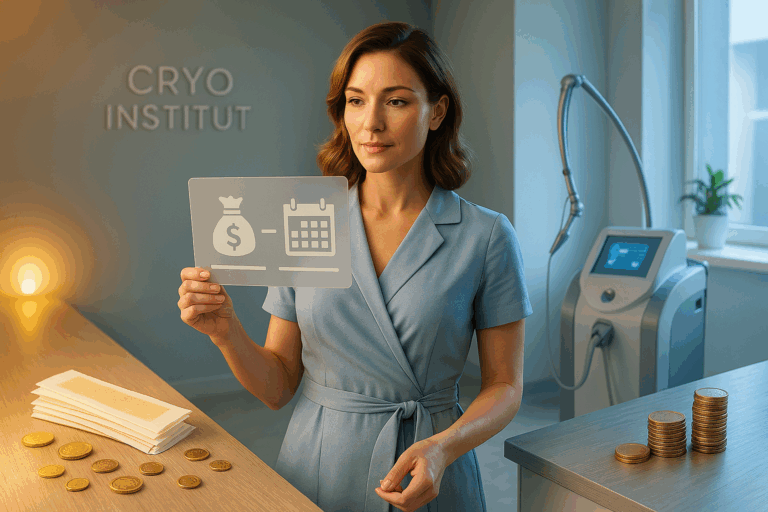 Photorealistic cinematic scene of a confident woman in her 30s wearing a professional light-blue wrap dress, standing at a crossroads between two aesthetic pathways. Left side shows subtle wax strips with warm golden lighting and scattered coins, right side features modern laser equipment with cool blue tones and fewer stacked coins. Soft rim light highlights her thoughtful expression as she holds a translucent comparison chart showing abstract money bags and calendar icons (no readable text). Clean clinic background with Cryo Institut's minimalist decor, muted teal walls, and natural daylight streaming through large windows. Professional yet warm ambiance emphasizing clarity after confusion, 8K resolution capturing fabric textures and soft skin details.