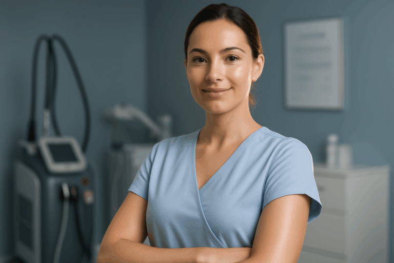 Une femme confiante en blouse claire bleu ciel, bras nus montrant une peau parfaitement lisse après épilation laser, souriant vers l'objectif dans un cadre médical moderne aux tons gris-bleu. Arrière-plan flouté révélant des appareils laser de haute technologie et des panneaux d'information minimalistes. Éclairage doux avec rim light doré sublimant son regard apaisé, ambiance professionnelle et rassurante. Composition respectant la règle des tiers, photoréalisme 8K avec textures cutanées ultra-détaillées, zéro texte.