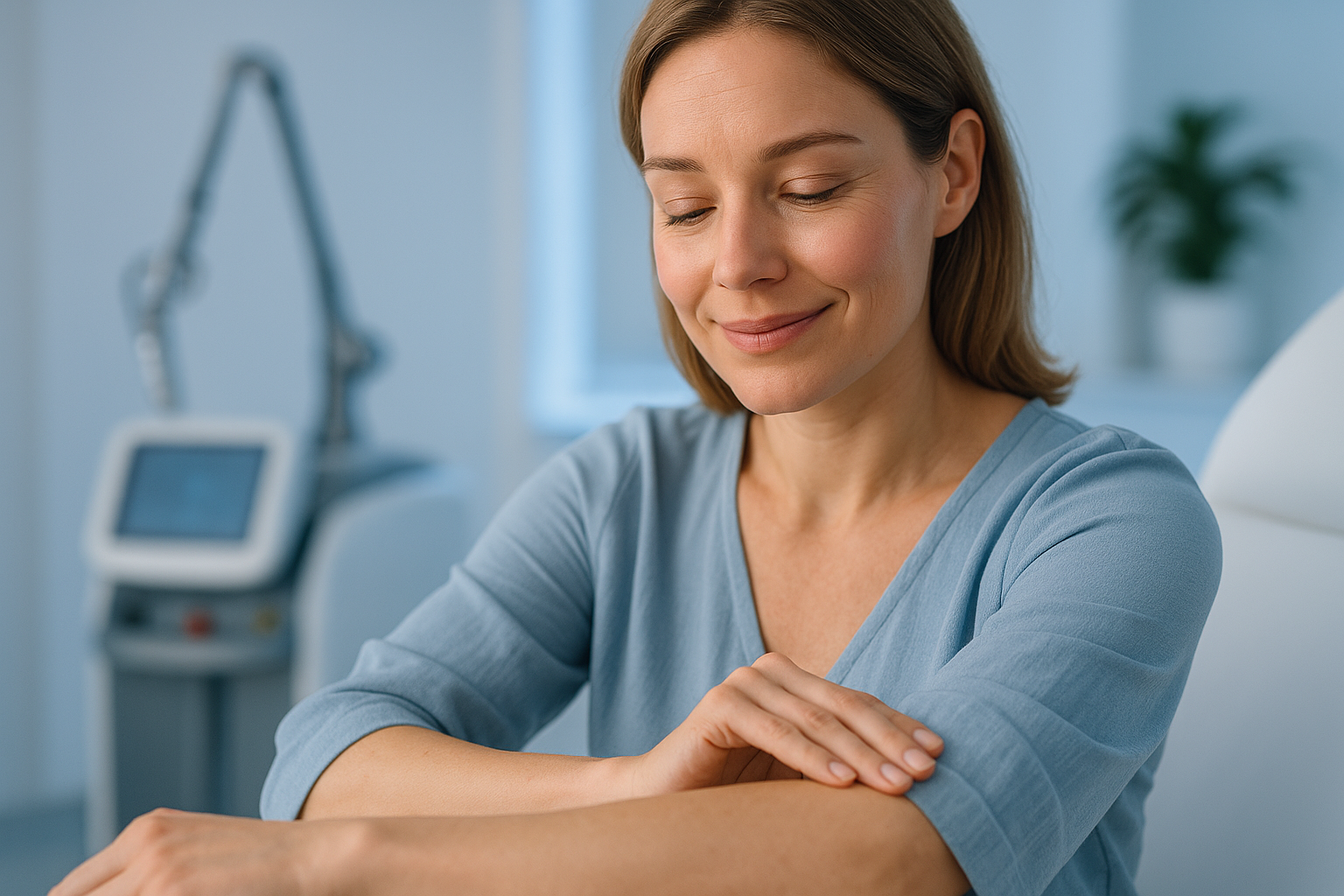 Ultra-realistic photo of a relieved woman in her 30s wearing a soft blue blouse, sitting in a modern laser clinic with clean white-blue decor. Natural rim lighting highlights her calm expression as she observes her smooth forearm with quiet confidence. Focus on authentic emotion: subtle smile, relaxed shoulders, no visible pain. Background shows blurred high-tech laser device and potted plant. Professional photography, shallow depth of field, rule of thirds composition with space for thumbnail text overlay. Cool blue/white color palette with warm skin tones, hyperdetailed fabric textures and realistic lighting.