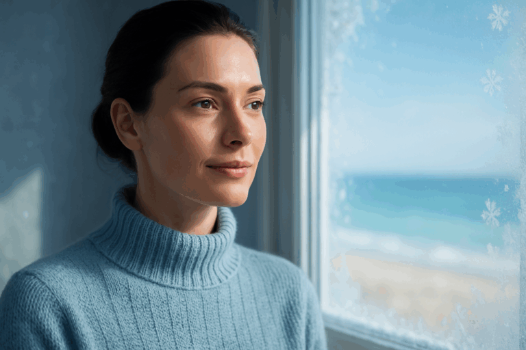 Photorealistic portrait of a confident woman in her 30s wearing a soft blue winter sweater, standing near a frosty window with snowflakes outside, her flawless skin glowing under natural daylight. Subtle rim light highlights her calm expression as she gazes toward a blurred summer beach scene visible through the window. Cool blue and white tones dominate with soft shadows, emphasizing smooth skin texture and professional ambiance. Rule of thirds composition, zero text — capturing serene anticipation of sun-safe confidence through winter preparation.