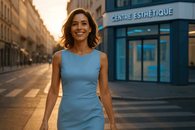 Une femme d'une trentaine d'années au sourire radieux et confiant, avec une peau lisse et impeccable, marchant d'un pas léger dans une rue animée de Lyon sous un éclairage doux du soleil couchant, portant une robe élégante bleu clair qui met en valeur sa silhouette détendue et libre de toute contrainte, en arrière-plan un bâtiment moderne évoquant un centre esthétique high-tech avec des accents bleus subtils, composition selon la règle des tiers avec le sujet principal centré mais laissant de l'espace, photoréalisme haute résolution, contrastes forts et rim light pour un impact émotionnel aspirationnel de liberté et de confiance, ambiance rassurante et professionnelle.