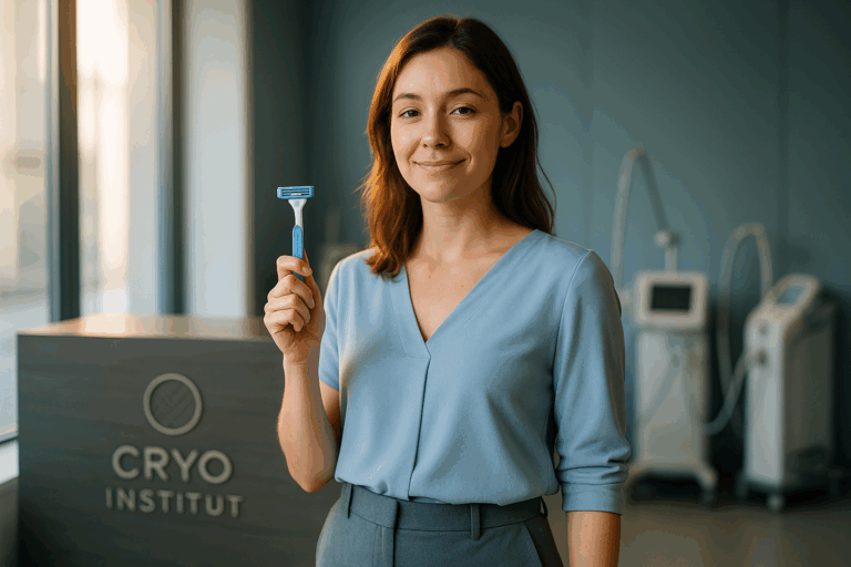 A photorealistic image of a relieved young woman in her late 20s wearing a soft blue blouse and tailored trousers standing inside a modern laser clinic. She holds a disposable razor confidently with a subtle smile, bathed in warm natural light filtering through large windows. The Cryo Institut logo appears discreetly on a polished reception desk in the background. Rim lighting highlights her shoulder contours, emphasizing calm professionalism. Blue-toned walls with medical equipment subtly visible, shallow depth of field focusing on realistic skin texture and fabric details. Composition follows rule of thirds with her eyes at the upper intersection point, conveying reassurance after solving last-minute preparation issues. Documentary photography style, 85mm lens, f/2.8 aperture.