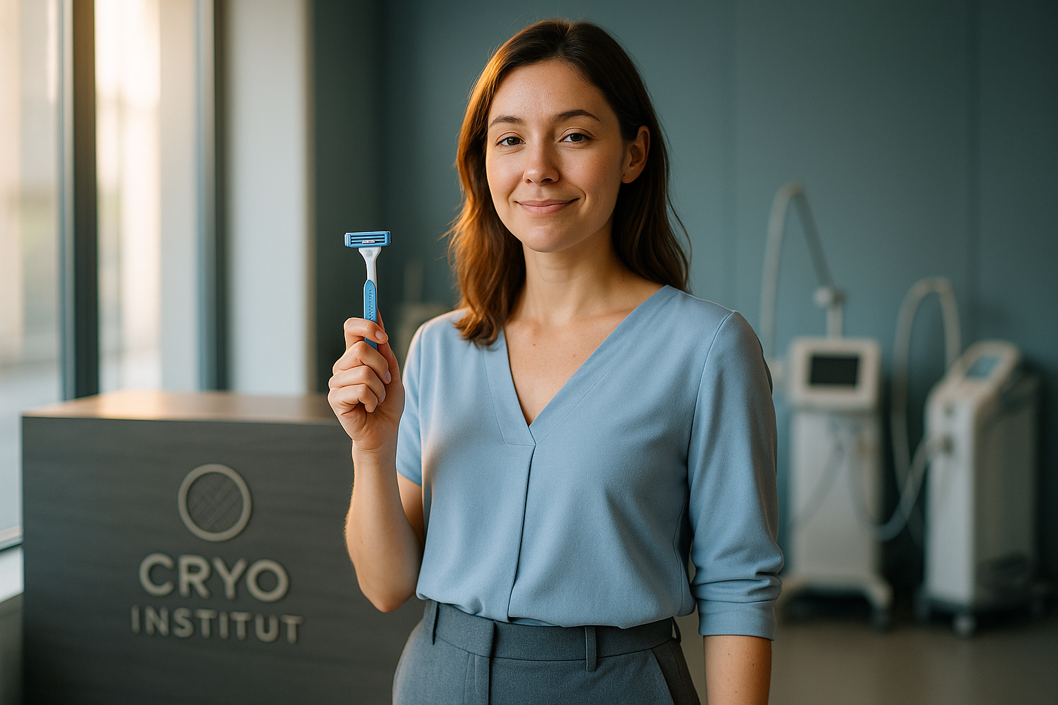 A photorealistic image of a relieved young woman in her late 20s wearing a soft blue blouse and tailored trousers standing inside a modern laser clinic. She holds a disposable razor confidently with a subtle smile, bathed in warm natural light filtering through large windows. The Cryo Institut logo appears discreetly on a polished reception desk in the background. Rim lighting highlights her shoulder contours, emphasizing calm professionalism. Blue-toned walls with medical equipment subtly visible, shallow depth of field focusing on realistic skin texture and fabric details. Composition follows rule of thirds with her eyes at the upper intersection point, conveying reassurance after solving last-minute preparation issues. Documentary photography style, 85mm lens, f/2.8 aperture.