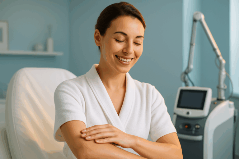 A confident 30-year-old French woman with a radiant smile gently touches her perfectly smooth forearm in a modern aesthetic clinic. Calming light blue accent walls with minimalist decor, soft natural lighting highlighting realistic skin texture and absence of hair. Golden rim light accentuates her relaxed expression, rule of thirds composition with the subject positioned on the right side. Professional yet warm atmosphere showing advanced laser equipment in the background, photorealistic 8K resolution, clinically clean environment with subtle blue-toned ambiance, focus on facial expression conveying relief and empowerment
