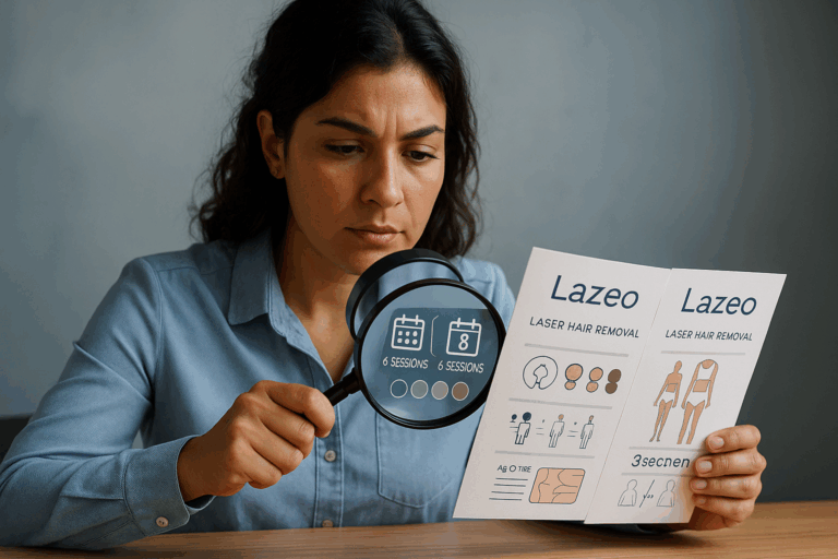 Photorealistic scene of a 30-year-old woman with olive skin tone wearing a light blue professional blouse, seated at a minimalist wooden desk comparing two laser hair removal brochures (DepilTech vs Lazeo). She holds a magnifying glass revealing hidden elements: calendar icons showing 6 vs 8 sessions, skin compatibility symbols, and zone coverage diagrams. Soft daylight creates rim light effect on her focused expression, muted blue-toned background with abstract watercolor textures, rule of thirds composition with negative space on right, hyper-detailed fabric texture and natural skin imperfections, commercial photography style with f/1.8 depth of field.