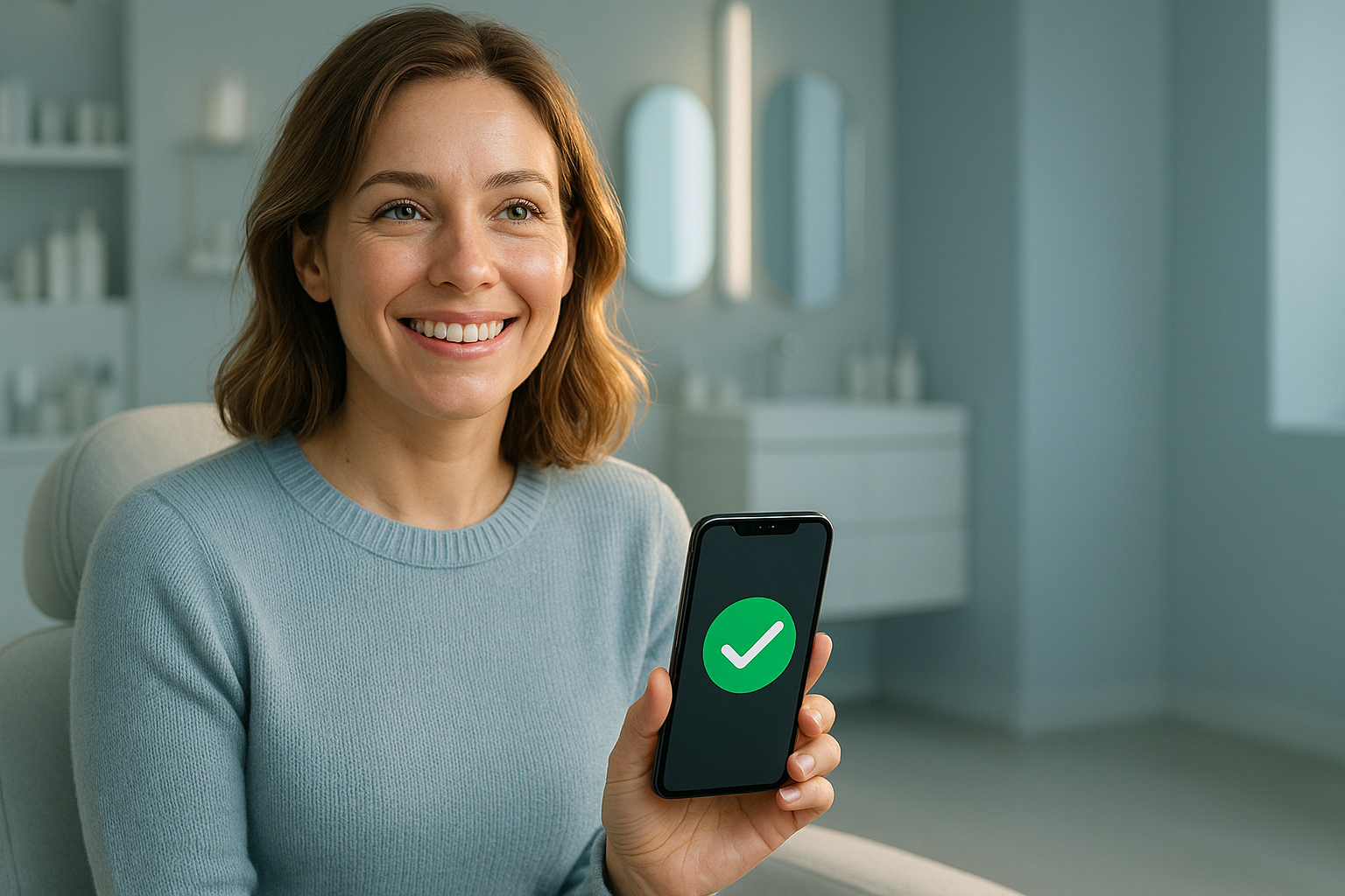 Une femme souriante d'une trentaine d'années, vêtue d'un pull bleu glacier et assise dans un espace lumineux style institut de beauté moderne, tient un smartphone affichant un symbole de validation (cercle vert avec check). Regard soulagé et confiant, yeux brillants captant la lumière dorée d'une rim light subtile. Arrière-plan épuré en tons bleu glacier et gris perle, éclairage naturel mettant en valeur les textures réalistes du tissu et de la peau. Composition respectant la règle des tiers avec espace négatif à droite pour surcharge textuelle future, émotion centrale : libération après validation instantanée. Style photoréaliste ultra-haute définition, zéro texte ou éléments médicaux visibles.