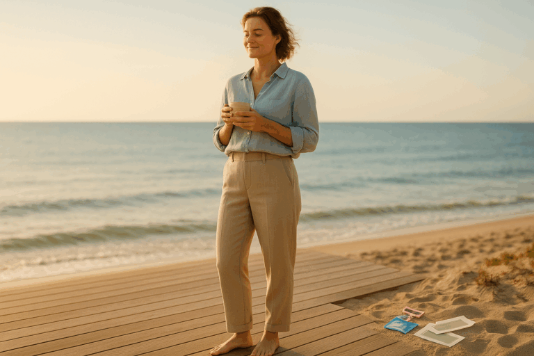 Photorealistic high-resolution image of a confident 30-year-old woman in a light blue linen blouse and beige tailored trousers, standing barefoot on a sun-drenched wooden terrace overlooking a calm ocean. She holds a simple ceramic cup with a serene smile, her relaxed posture contrasting with faintly visible discarded razor packages and wax strips half-buried in sand at frame edge. Golden hour lighting creates a rim light effect around her silhouette, while muted azure tones in the sea and sky establish a calming, trustworthy atmosphere. Rule of thirds composition focuses on her facial expression of quiet liberation, no text, no sensitive body exposure, strict SFW professional aesthetic.