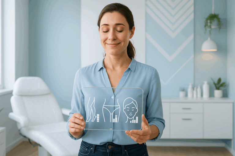 Photorealistic scene of a relieved woman in her 30s wearing a light blue blouse and dark jeans, standing in a modern beauty studio with pale blue accents and natural lighting. She holds a transparent tablet showing intuitive pricing icons (leg silhouette with medium-cost visual bar, bikini area symbol with higher value indicator, facial icon with lower cost cue) – no text visible. Her expression combines understanding and relief as soft rim light highlights her confident smile. Clean minimalist decor with geometric blue patterns on walls, rule of thirds composition emphasizing trust and transparency, professional yet warm atmosphere, photorealistic skin textures and fabric details --ar 16:9