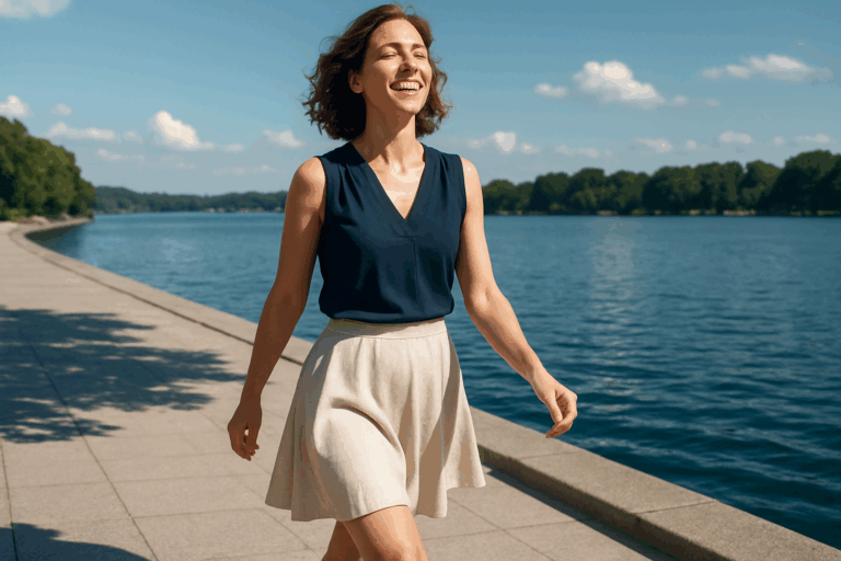 Une femme de 35 ans, rayonnante de joie et de légèreté, marche avec assurance sur une promenade ensoleillée au bord d'un lac aux nuances de bleu apaisant, ses jambes fines et toniques visibles sous une jupe fluide et un haut élégant, expression de soulagement et de confiance sur son visage, éclairage naturel doux avec des contrastes forts pour un impact visuel captivant, composition selon la règle des tiers avec l'espace libre autour d'elle, photoréaliste haute résolution, ambiance sereine et aspirationnelle évoquant la liberté retrouvée après le soulagement de la rétention d'eau.