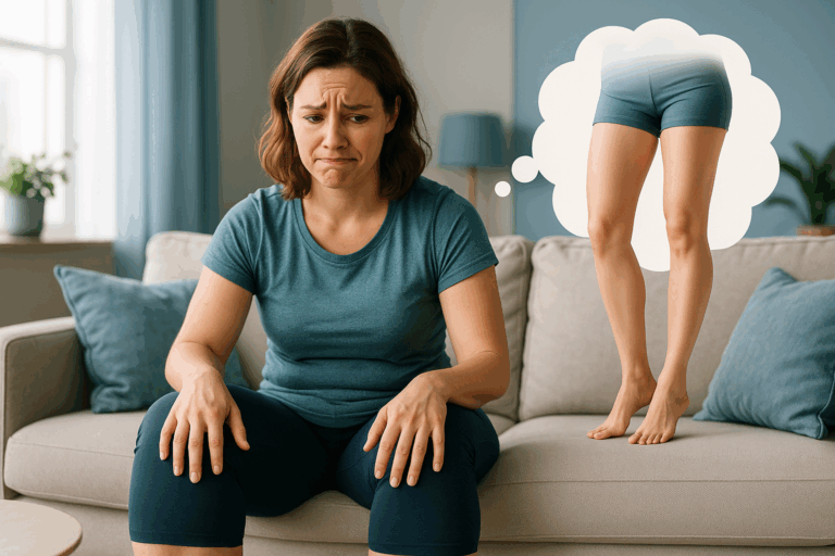 Une femme d'une trentaine d'années, au visage expressif mêlant frustration et espoir, assise dans un salon moderne et lumineux avec des accents de bleu apaisant, portant une tenue de sport confortable ; elle regarde ses jambes lourdes avec un air sceptique, imaginant une transformation vers des jambes légères et affinées après des séances de pressothérapie ; composition en règle des tiers avec un éclairage doux et contrasté, photoréaliste haute résolution, ambiance rassurante et aspirationnelle, sans aucun texte.