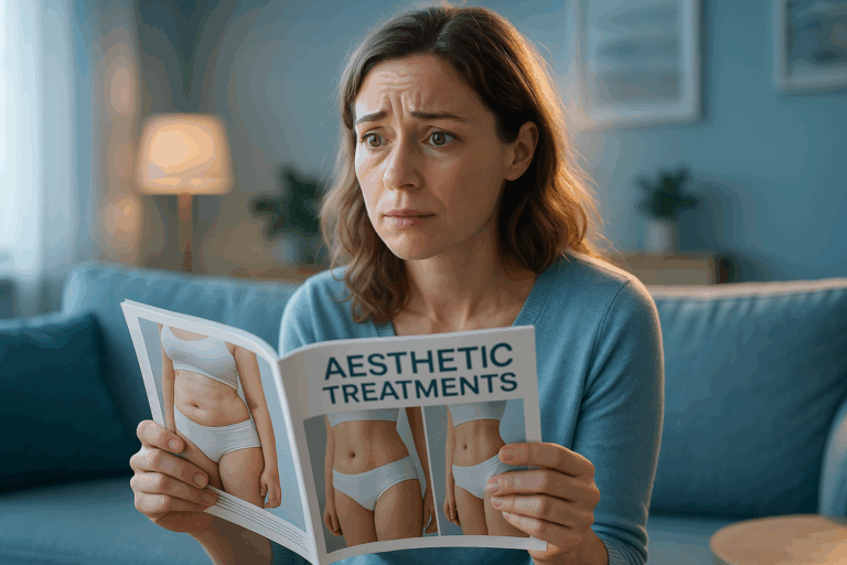 Une femme d'une trentaine d'années, au visage expressif mêlant anxiété et espoir, assise dans un salon moderne et lumineux avec des tons bleus apaisants, tenant un magazine sur les traitements esthétiques, regardant pensivement une photo d'avant-après d'amincissement, éclairage doux avec rim light soulignant son soulagement potentiel, composition en règle des tiers, photoréaliste haute résolution, ambiance rassurante et aspirationnelle pour un traitement sans douleur.