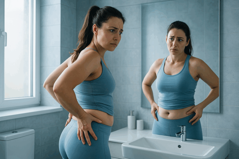 Une femme d'une trentaine d'années, au physique athlétique mais avec des poignées d'amour visibles sur les hanches, se tient devant un grand miroir dans une salle de bain lumineuse et moderne. Elle porte un legging de sport bleu clair et un haut ajusté, exprimant une frustration mêlée d'espoir en regardant son reflet, une main posée sur sa hanche. L'éclairage naturel doux met en valeur les contours de son corps, avec des nuances de bleu dans les tons froids pour une ambiance rassurante et aspirationnelle. Composition selon la règle des tiers, photoréaliste haute résolution, sans texte, contrastes forts pour un impact visuel captivant comme une vignette YouTube.