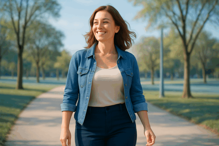 Une femme d'une trentaine d'années, rayonnante et confiante, avec une silhouette affinée et naturelle, marchant sereinement dans un environnement lumineux et moderne comme un parc ensoleillé aux nuances de bleu clair, portant une tenue décontractée et élégante, expression de soulagement et de satisfaction après avoir éliminé ses bourrelets tenaces sans chirurgie, éclairage naturel doux avec des contrastes subtils pour un impact visuel fort, composition respectant la règle des tiers, photoréaliste haute résolution sans aucun texte.