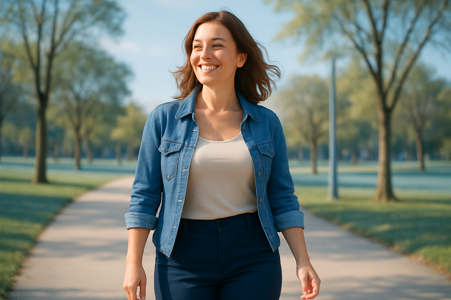 Une femme d'une trentaine d'années, rayonnante et confiante, avec une silhouette affinée et naturelle, marchant sereinement dans un environnement lumineux et moderne comme un parc ensoleillé aux nuances de bleu clair, portant une tenue décontractée et élégante, expression de soulagement et de satisfaction après avoir éliminé ses bourrelets tenaces sans chirurgie, éclairage naturel doux avec des contrastes subtils pour un impact visuel fort, composition respectant la règle des tiers, photoréaliste haute résolution sans aucun texte.