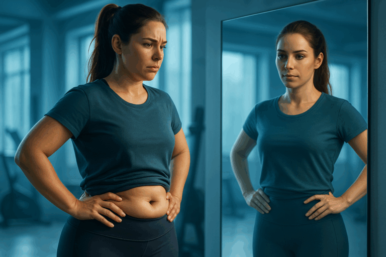 Une femme active d'une trentaine d'années, au physique athlétique mais frustrée par ses bourrelets abdominaux persistants, se tient devant un miroir dans une salle de sport moderne baignée d'une lumière douce aux nuances de bleu apaisant. Elle porte un legging et un t-shirt ample, les mains sur les hanches, avec une expression de détermination mêlée d'espoir, visualisant un ventre plus plat et affiné grâce à une solution non invasive comme la cryolipolyse. Composition en règle des tiers, éclairage naturel avec rim light soulignant son contour, photoréalisme haute résolution, ambiance motivante et aspirationnelle pour une vignette YouTube captivante.
