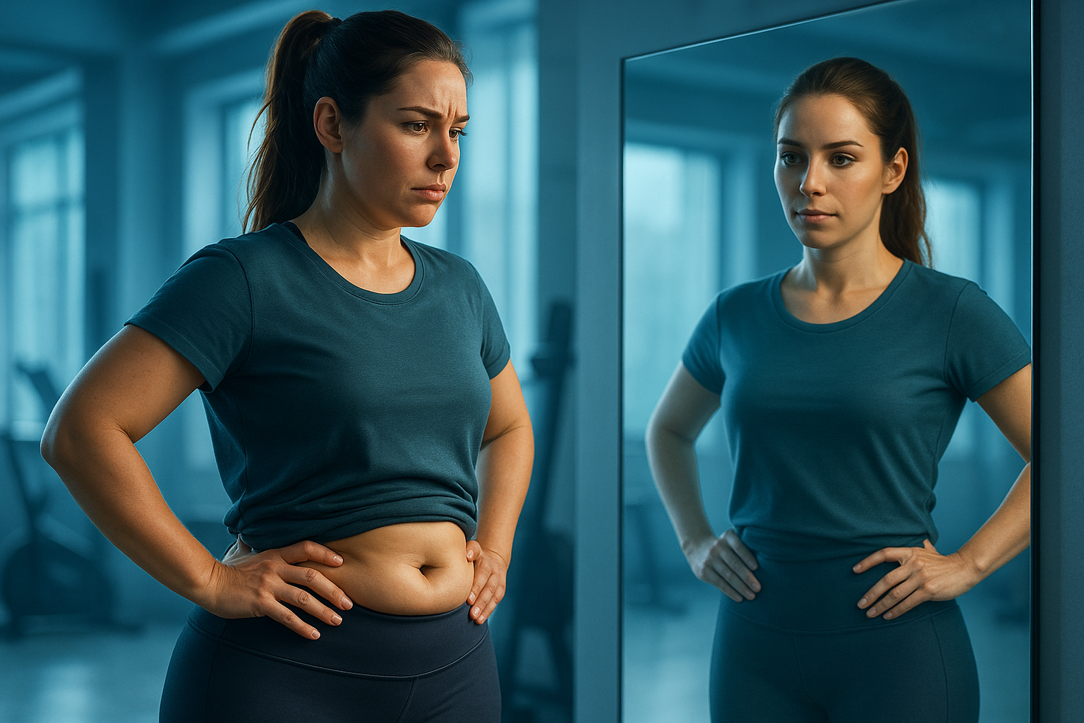 Une femme active d'une trentaine d'années, au physique athlétique mais frustrée par ses bourrelets abdominaux persistants, se tient devant un miroir dans une salle de sport moderne baignée d'une lumière douce aux nuances de bleu apaisant. Elle porte un legging et un t-shirt ample, les mains sur les hanches, avec une expression de détermination mêlée d'espoir, visualisant un ventre plus plat et affiné grâce à une solution non invasive comme la cryolipolyse. Composition en règle des tiers, éclairage naturel avec rim light soulignant son contour, photoréalisme haute résolution, ambiance motivante et aspirationnelle pour une vignette YouTube captivante.
