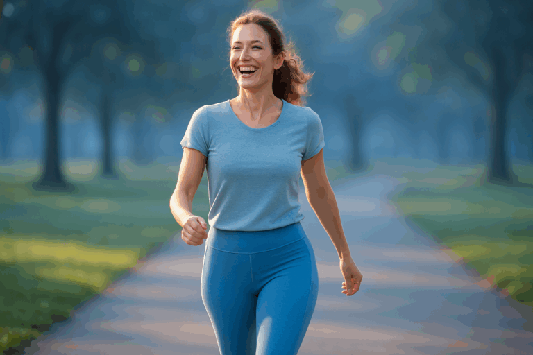 Une femme active d'une trentaine d'années, rayonnante de légèreté et de confort, marche avec énergie dans un parc ensoleillé au crépuscule, ses jambes fines et toniques soulignées par un pantalon de sport bleu clair moulant mais professionnel, expression de soulagement et de joie sur son visage, fond flou avec des nuances de bleu apaisantes pour une ambiance rassurante, composition selon la règle des tiers avec le sujet principal centré et espace autour, éclairage naturel doux avec rim light subtile pour un impact visuel captivant, photoréalisme haute résolution sans texte ni éléments suggestifs.