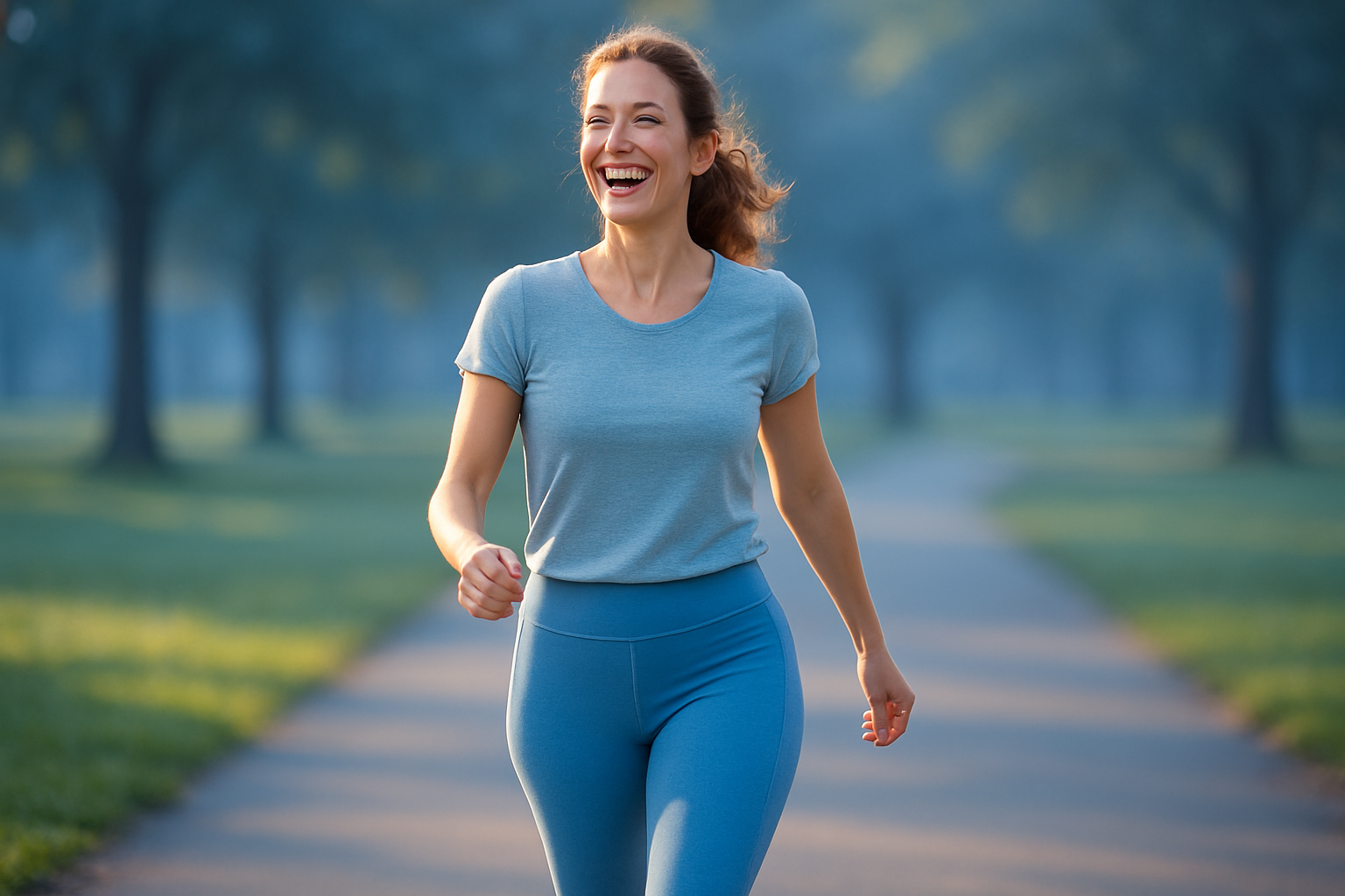 Une femme active d'une trentaine d'années, rayonnante de légèreté et de confort, marche avec énergie dans un parc ensoleillé au crépuscule, ses jambes fines et toniques soulignées par un pantalon de sport bleu clair moulant mais professionnel, expression de soulagement et de joie sur son visage, fond flou avec des nuances de bleu apaisantes pour une ambiance rassurante, composition selon la règle des tiers avec le sujet principal centré et espace autour, éclairage naturel doux avec rim light subtile pour un impact visuel captivant, photoréalisme haute résolution sans texte ni éléments suggestifs.